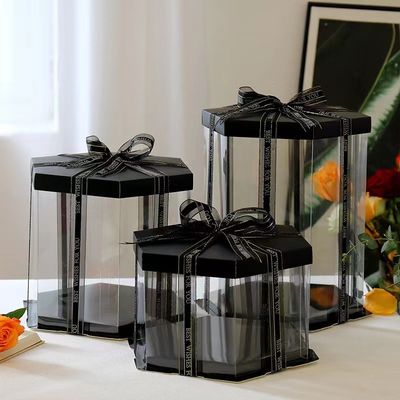 بسته بندی کیک تولد باربی جعبه شفاف شش ضلعی کیک دو لایه